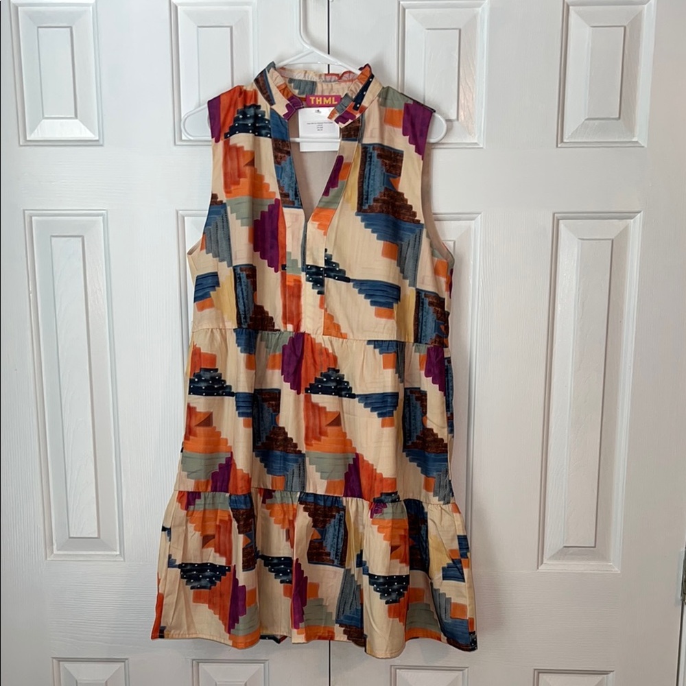 THML Orange Blue Sleeveless Sundress with Mandarin Collar